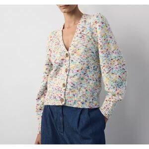 White + Warren Watercolor Alpaca Knit V-Neck Puff Sleeve Cardigan Sweater XS